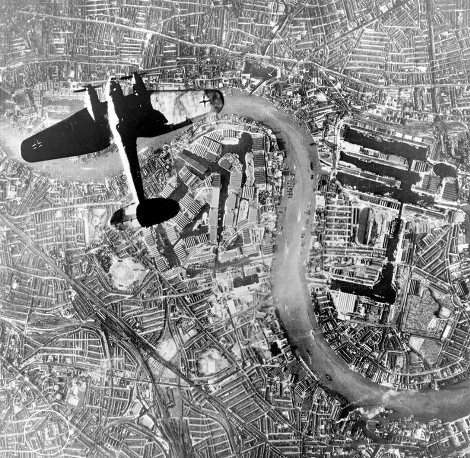 Blitz German bomber plane flying over London ww2 attack 