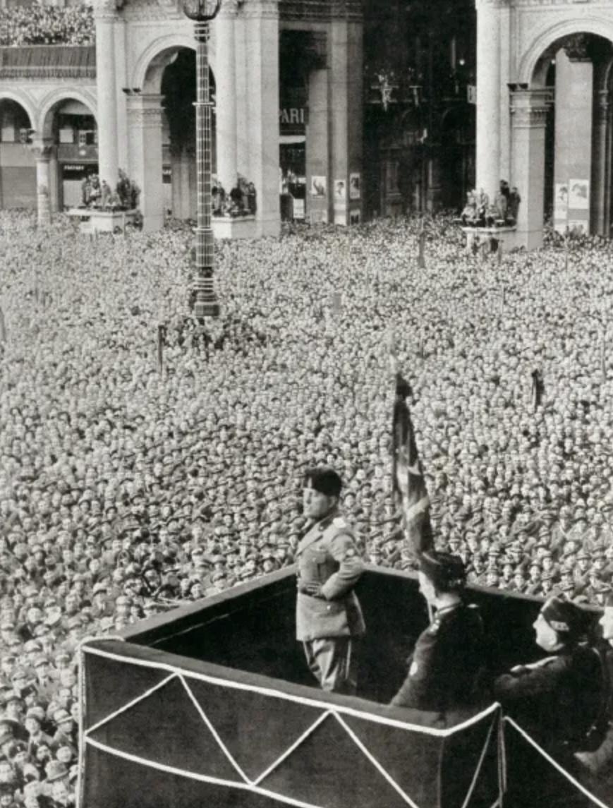 Mussolini in Milan announcing axis pact