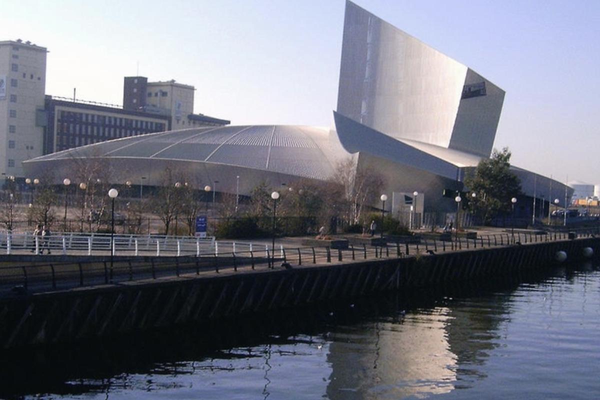 Modern striking  building next to canal