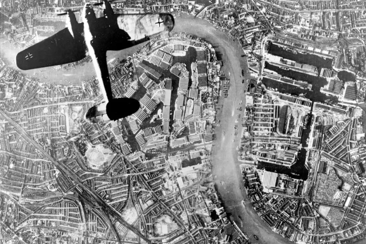Blitz German bomber plane flying over London ww2 attack 