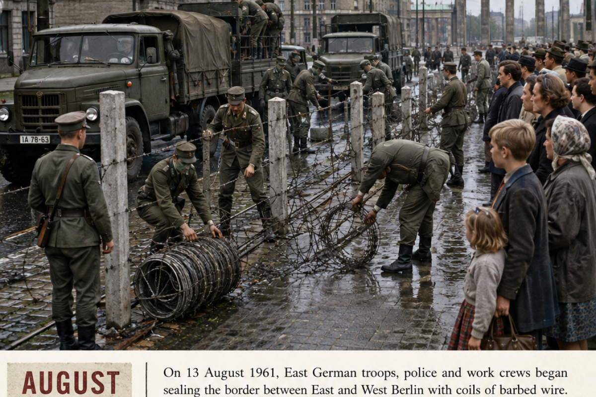 Berlin divided army puts up barricades of barbed wire and road blocks separating city 